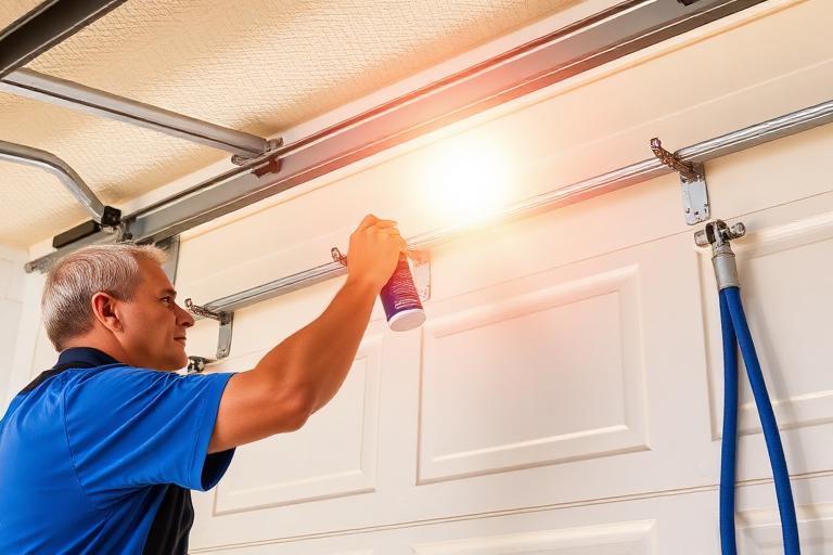 Garage door maintenance technician applying lubricant during Florida summer
