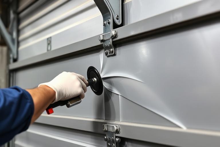 Technician repairing a dented aluminum garage door panel in Lake Helen FL