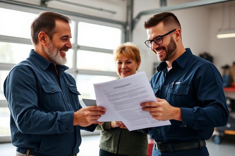 Homeowner reviewing garage door warranty documents with technician